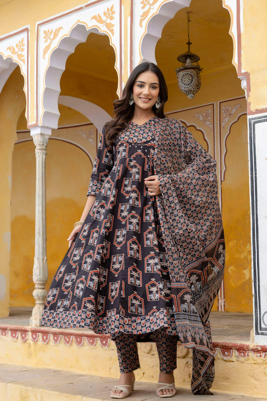 Ajrakh-Inspired Ethnic Handblock Printed Angarkha Style Kurta With Pant & Printed Dupatta, Black - Hiral Fashion | Grocsy