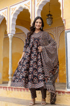 Ajrakh-Inspired Ethnic Handblock Printed Angarkha Style Kurta With Pant & Printed Dupatta, Black - Hiral Fashion | Grocsy