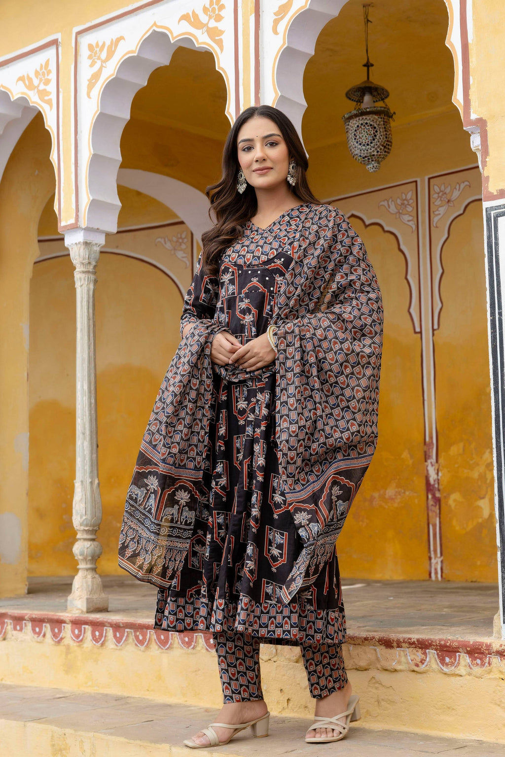 Ajrakh-Inspired Ethnic Handblock Printed Angarkha Style Kurta With Pant & Printed Dupatta, Black - Hiral Fashion | Grocsy