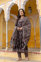 Ajrakh-Inspired Ethnic Handblock Printed Angarkha Style Kurta With Pant & Printed Dupatta, Black - Hiral Fashion | Grocsy