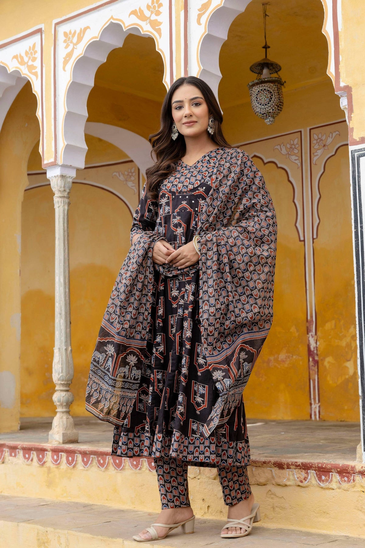 Ajrakh-Inspired Ethnic Handblock Printed Angarkha Style Kurta With Pant & Printed Dupatta, Black - Hiral Fashion | Grocsy