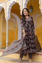 Ajrakh-Inspired Ethnic Handblock Printed Angarkha Style Kurta With Pant & Printed Dupatta, Black - Hiral Fashion | Grocsy