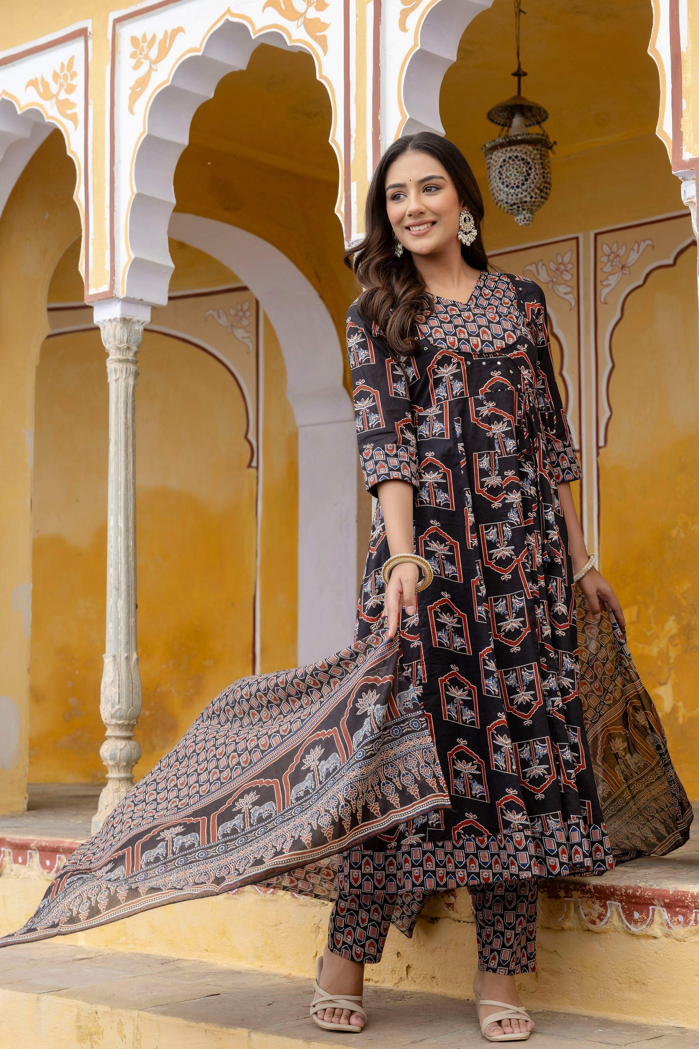 Ajrakh-Inspired Ethnic Handblock Printed Angarkha Style Kurta With Pant & Printed Dupatta, Black - Hiral Fashion | Grocsy
