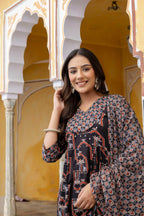 Ajrakh-Inspired Ethnic Handblock Printed Angarkha Style Kurta With Pant & Printed Dupatta, Black - Hiral Fashion | Grocsy