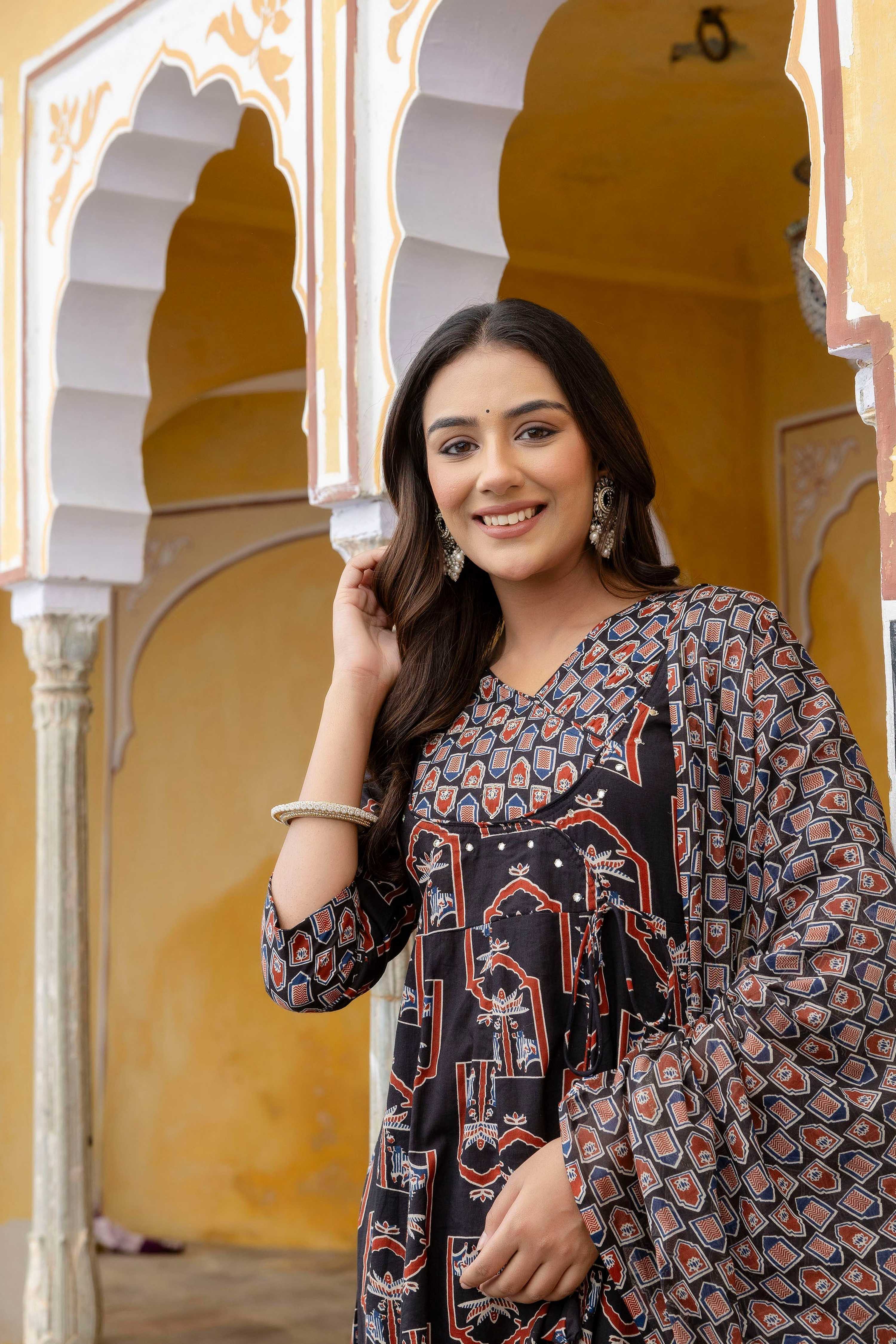 Ajrakh-Inspired Ethnic Handblock Printed Angarkha Style Kurta With Pant & Printed Dupatta, Black - Hiral Fashion | Grocsy