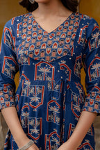 Ajrakh-Inspired Ethnic Handblock Printed Angarkha Style Kurta With Pant & Printed Dupatta, Blue - Hiral Fashion | Grocsy