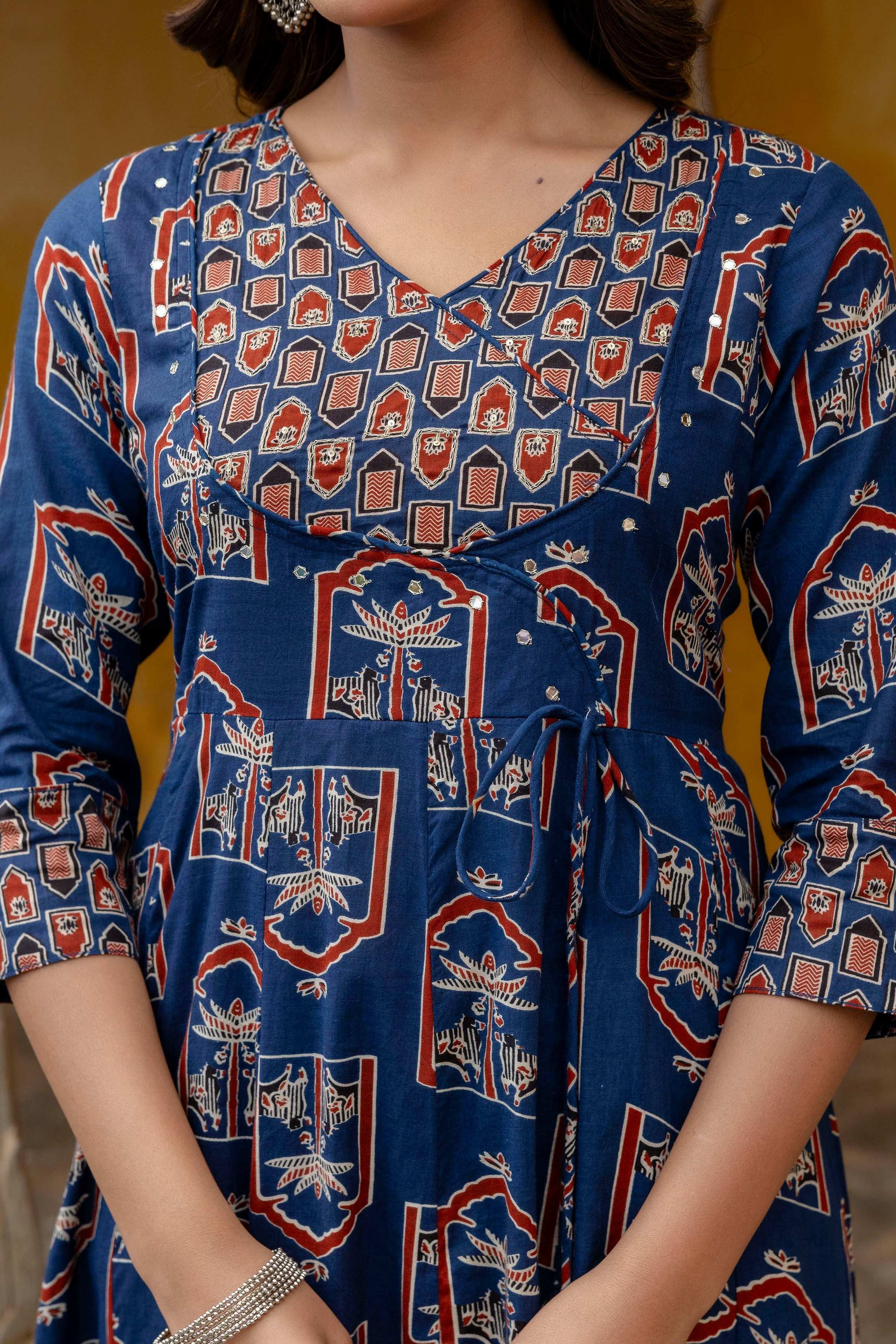 Ajrakh-Inspired Ethnic Handblock Printed Angarkha Style Kurta With Pant & Printed Dupatta, Blue - Hiral Fashion | Grocsy