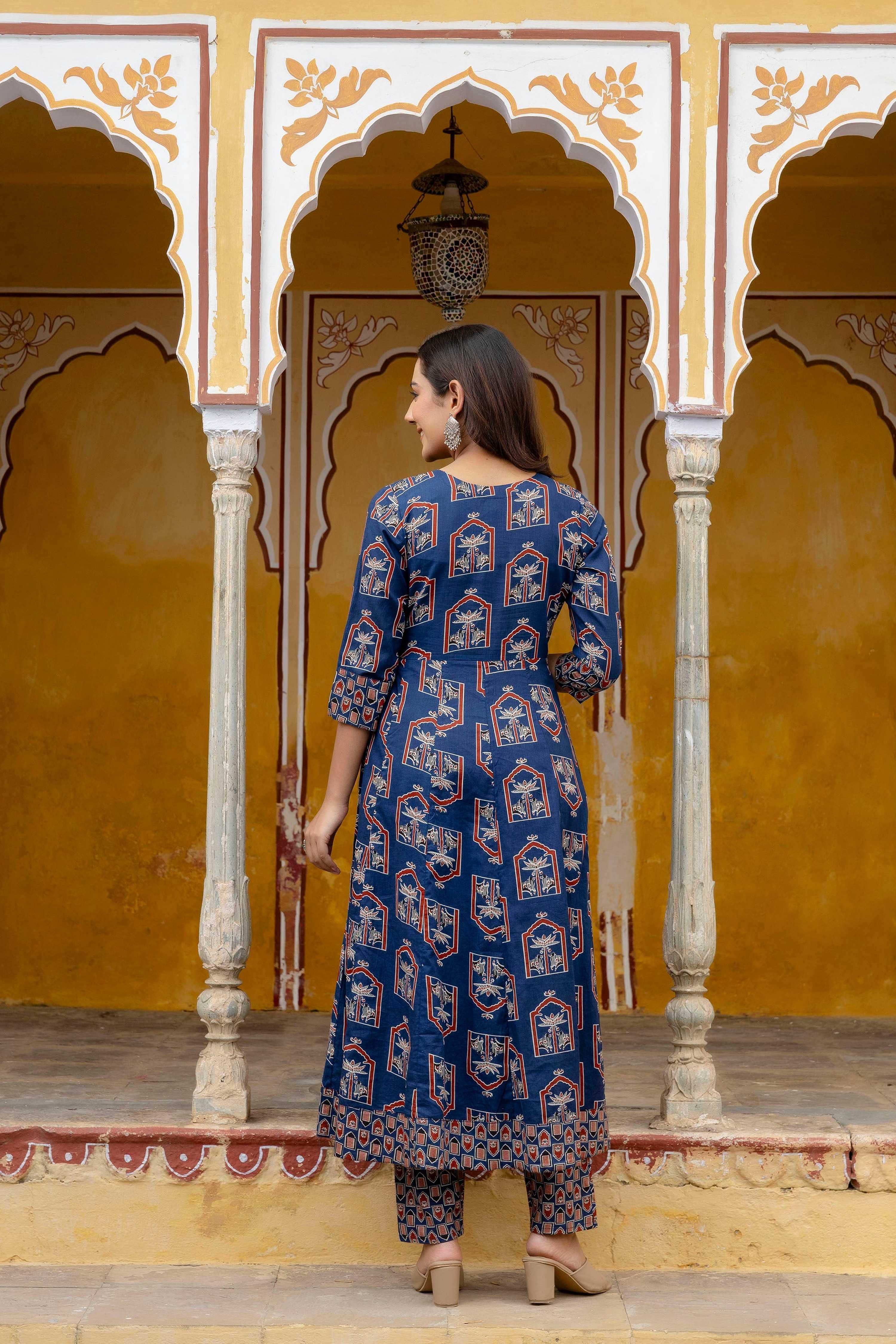 Ajrakh-Inspired Ethnic Handblock Printed Angarkha Style Kurta With Pant & Printed Dupatta, Blue - Hiral Fashion | Grocsy