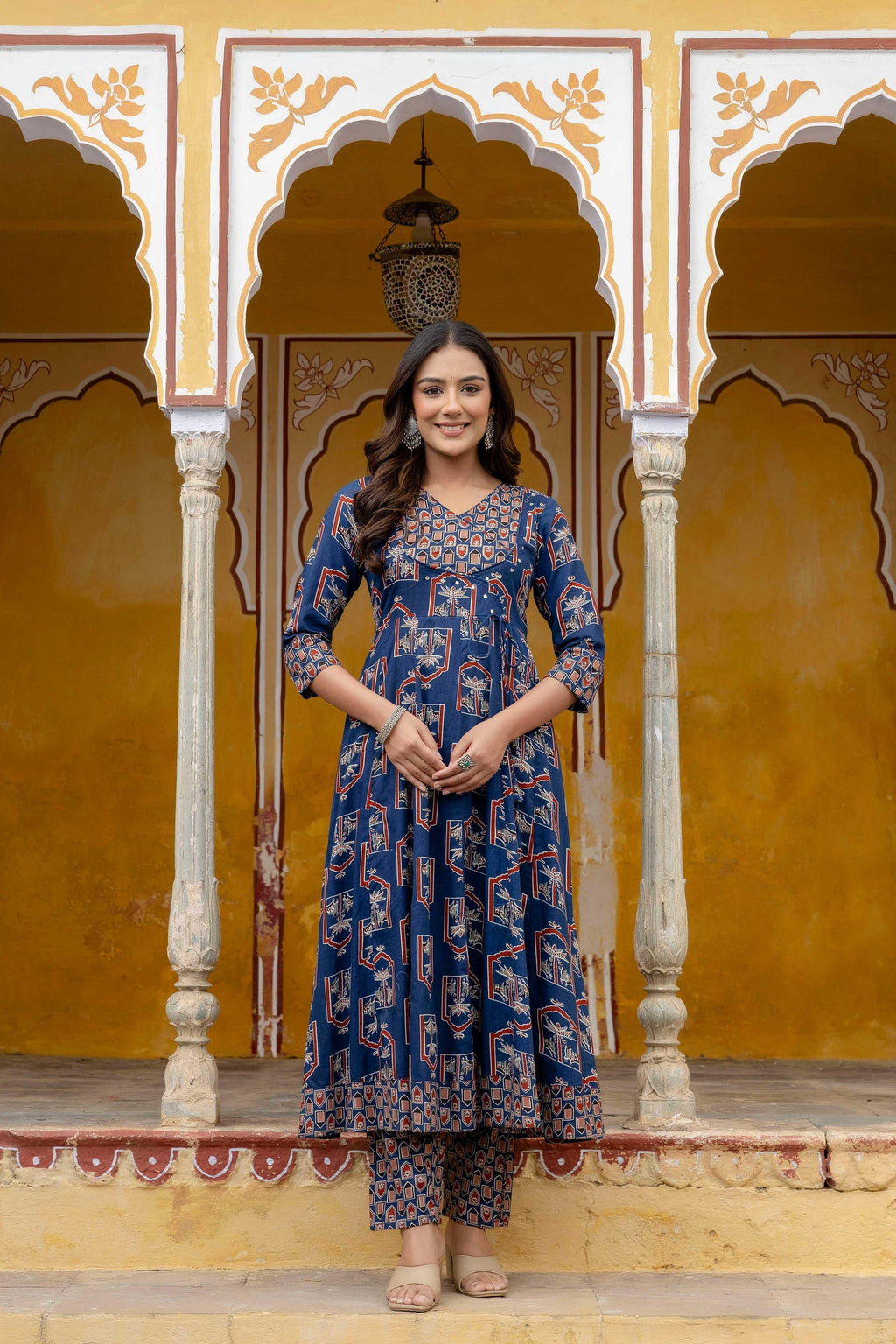 Ajrakh-Inspired Ethnic Handblock Printed Angarkha Style Kurta With Pant & Printed Dupatta, Blue - Hiral Fashion | Grocsy