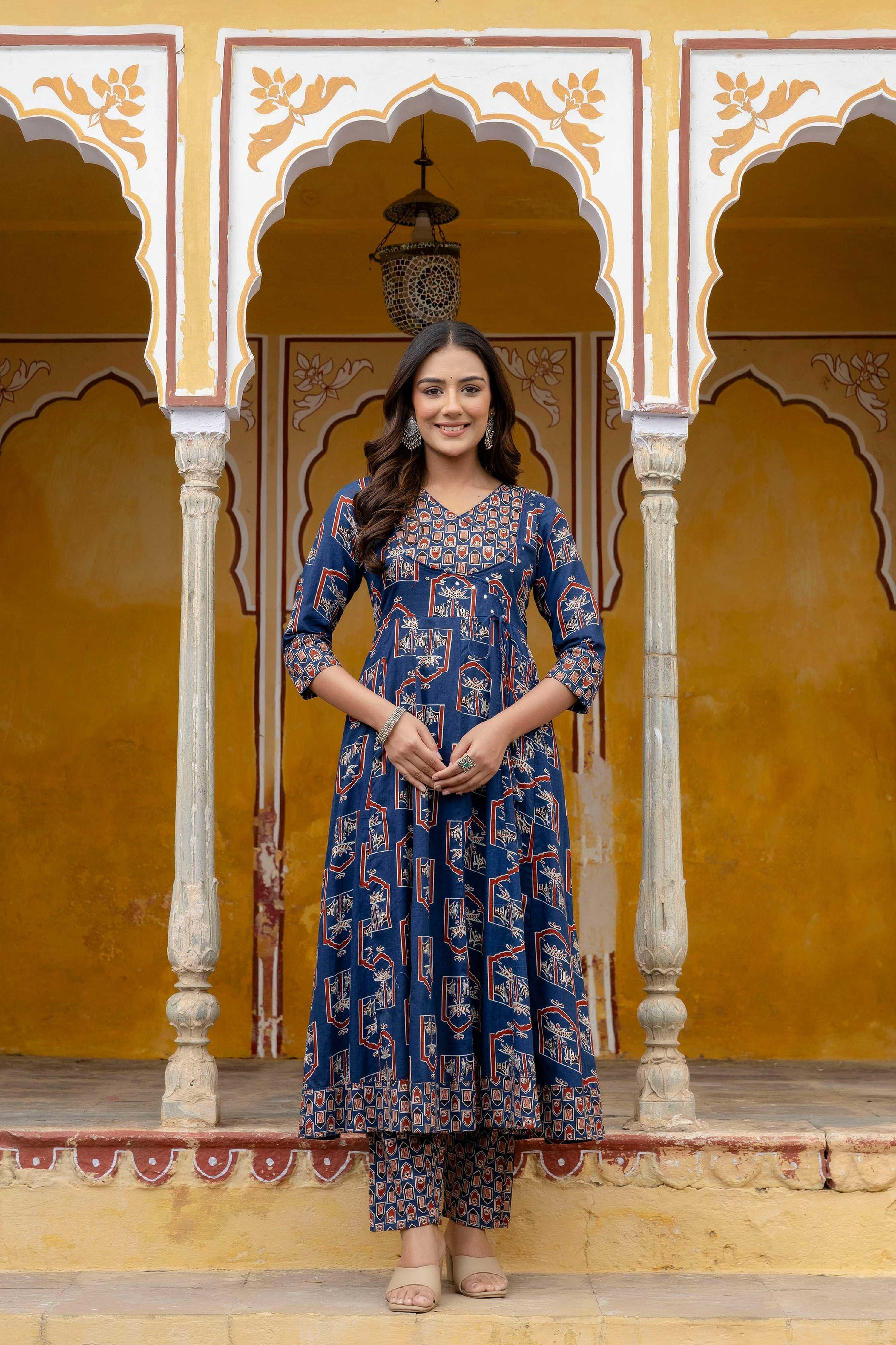 Ajrakh-Inspired Ethnic Handblock Printed Angarkha Style Kurta With Pant & Printed Dupatta, Blue - Hiral Fashion | Grocsy