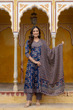 Ajrakh-Inspired Ethnic Handblock Printed Angarkha Style Kurta With Pant & Printed Dupatta, Blue - Hiral Fashion | Grocsy