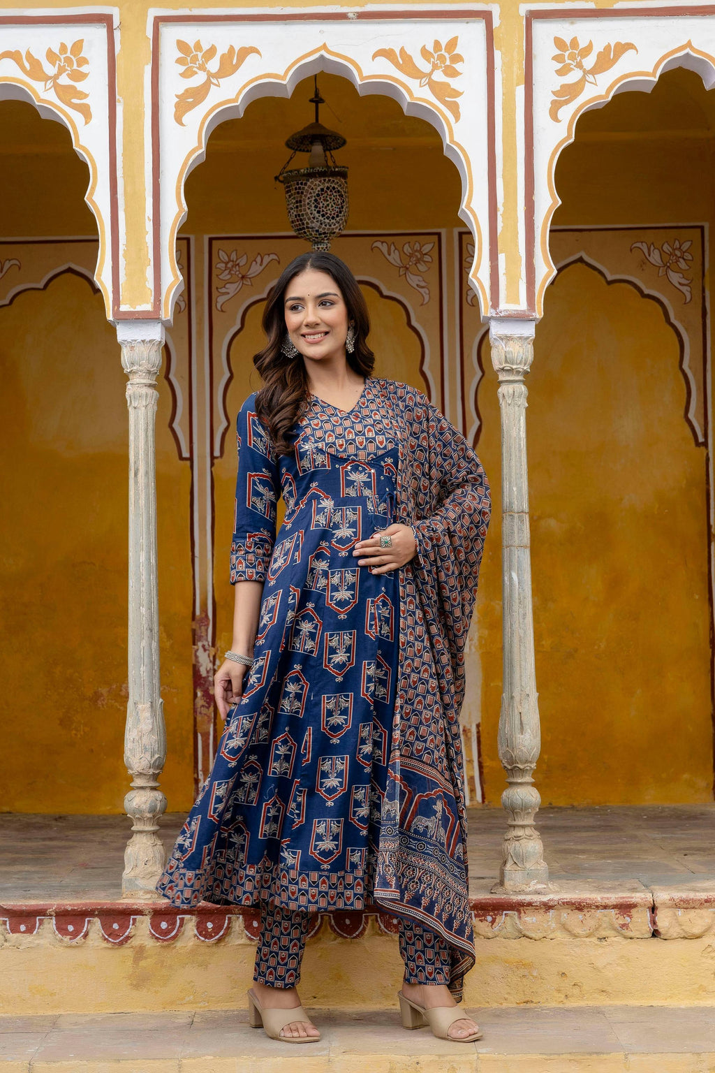 Ajrakh-Inspired Ethnic Handblock Printed Angarkha Style Kurta With Pant & Printed Dupatta, Blue - Hiral Fashion | Grocsy