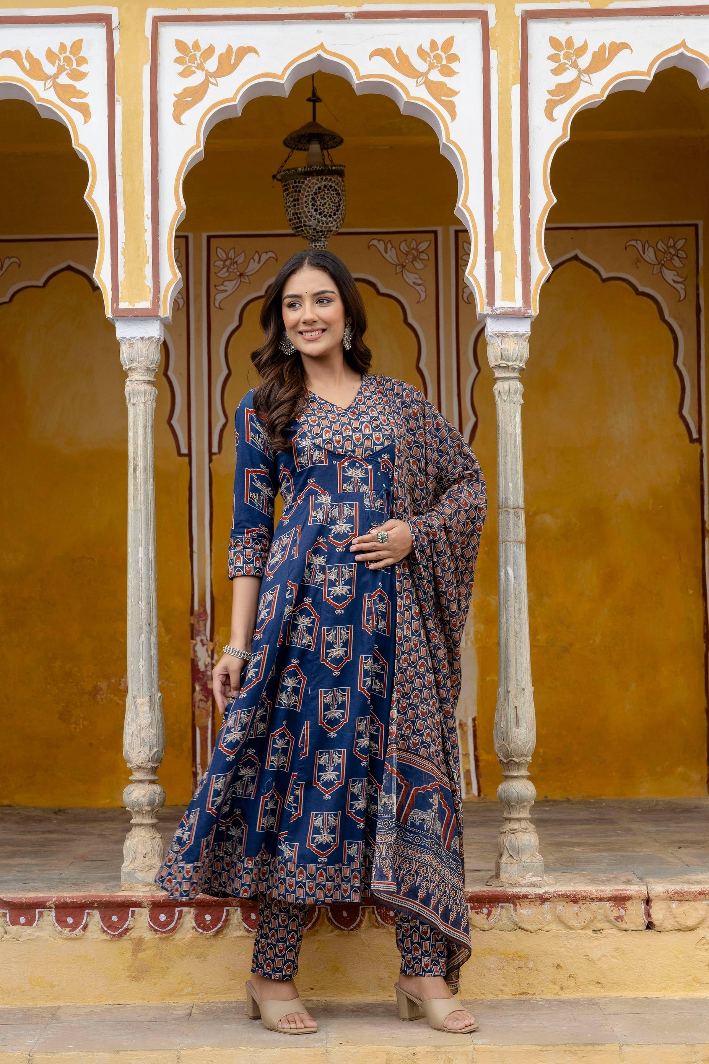 Ajrakh-Inspired Ethnic Handblock Printed Angarkha Style Kurta With Pant & Printed Dupatta, Blue - Hiral Fashion | Grocsy