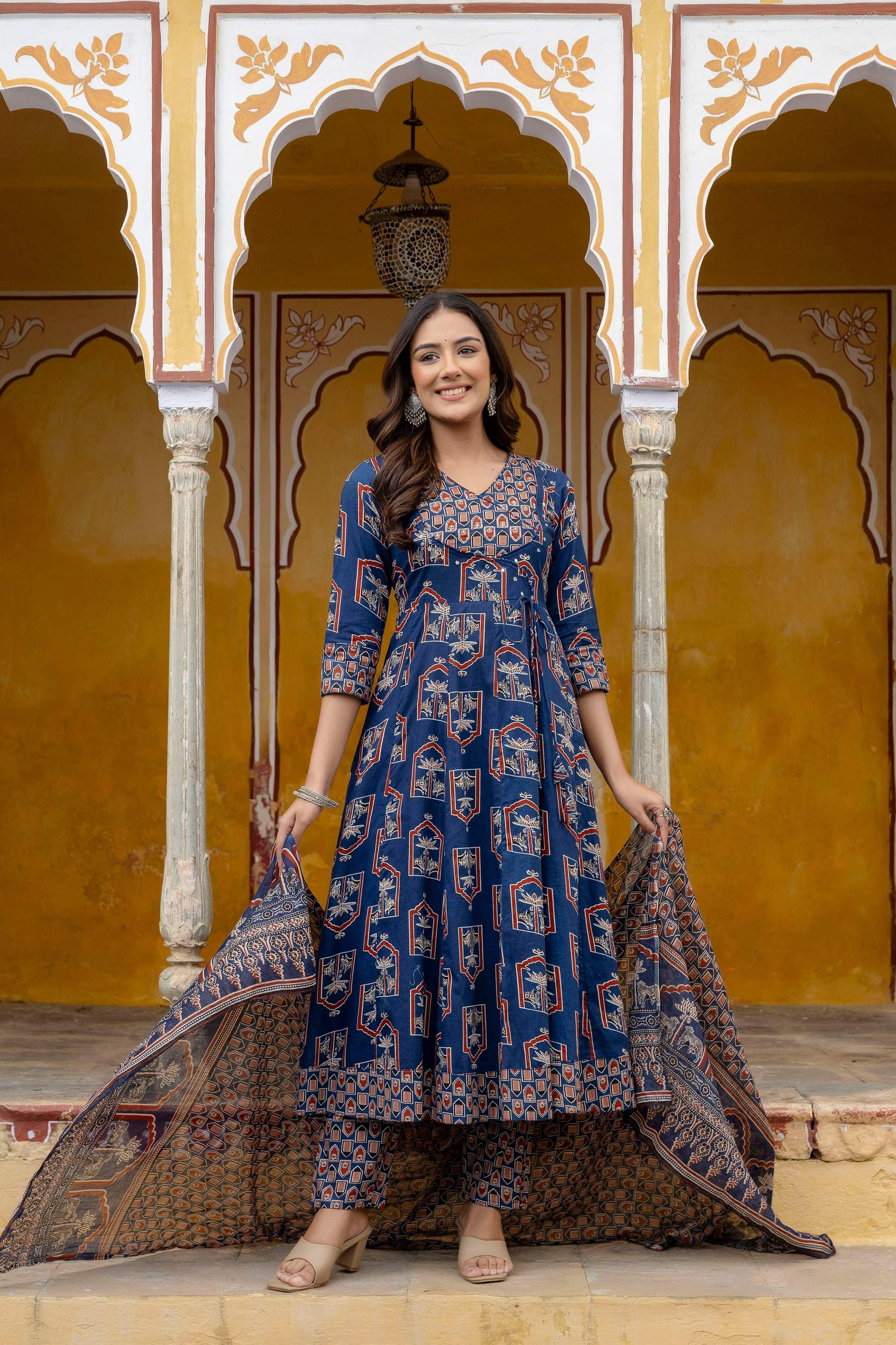 Ajrakh-Inspired Ethnic Handblock Printed Angarkha Style Kurta With Pant & Printed Dupatta, Blue - Hiral Fashion | Grocsy