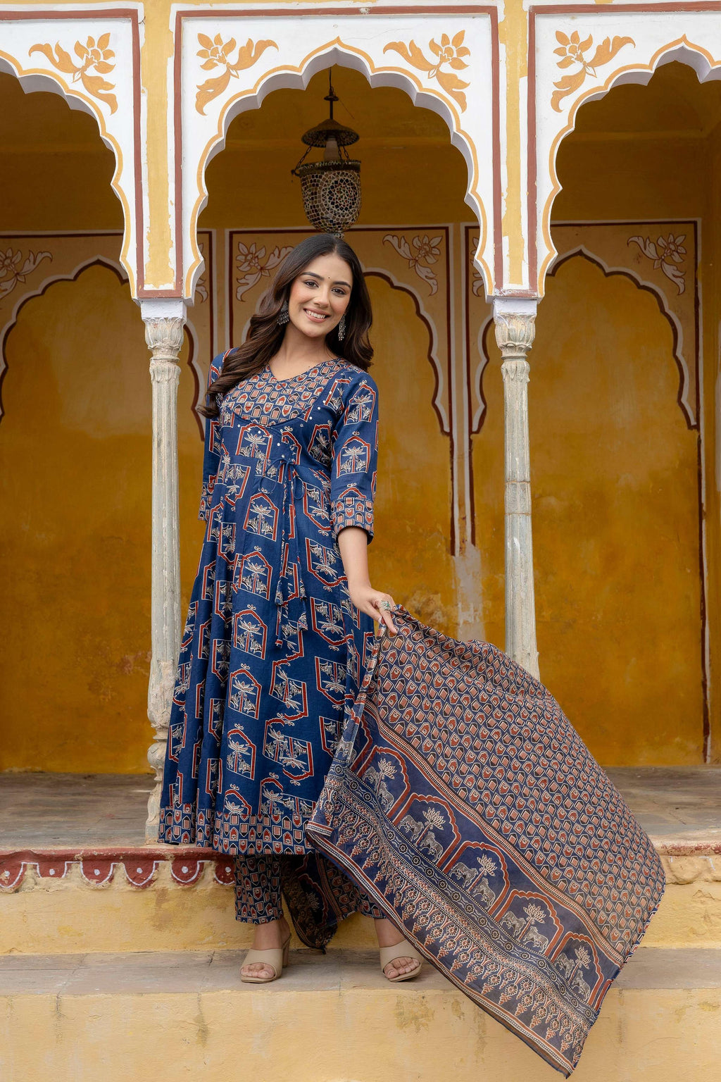 Ajrakh-Inspired Ethnic Handblock Printed Angarkha Style Kurta With Pant & Printed Dupatta, Blue - Hiral Fashion | Grocsy