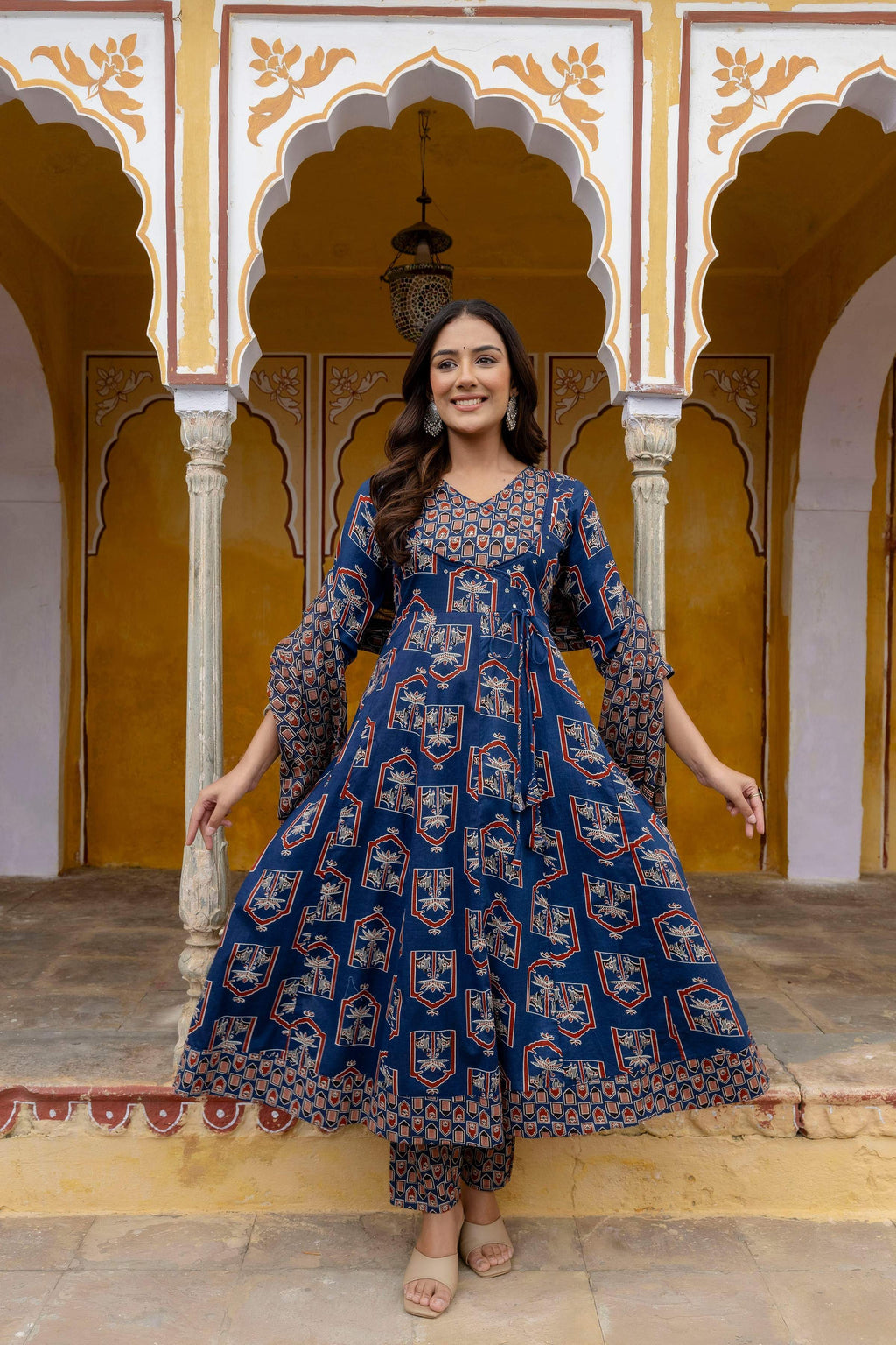 Ajrakh-Inspired Ethnic Handblock Printed Angarkha Style Kurta With Pant & Printed Dupatta, Blue - Hiral Fashion | Grocsy