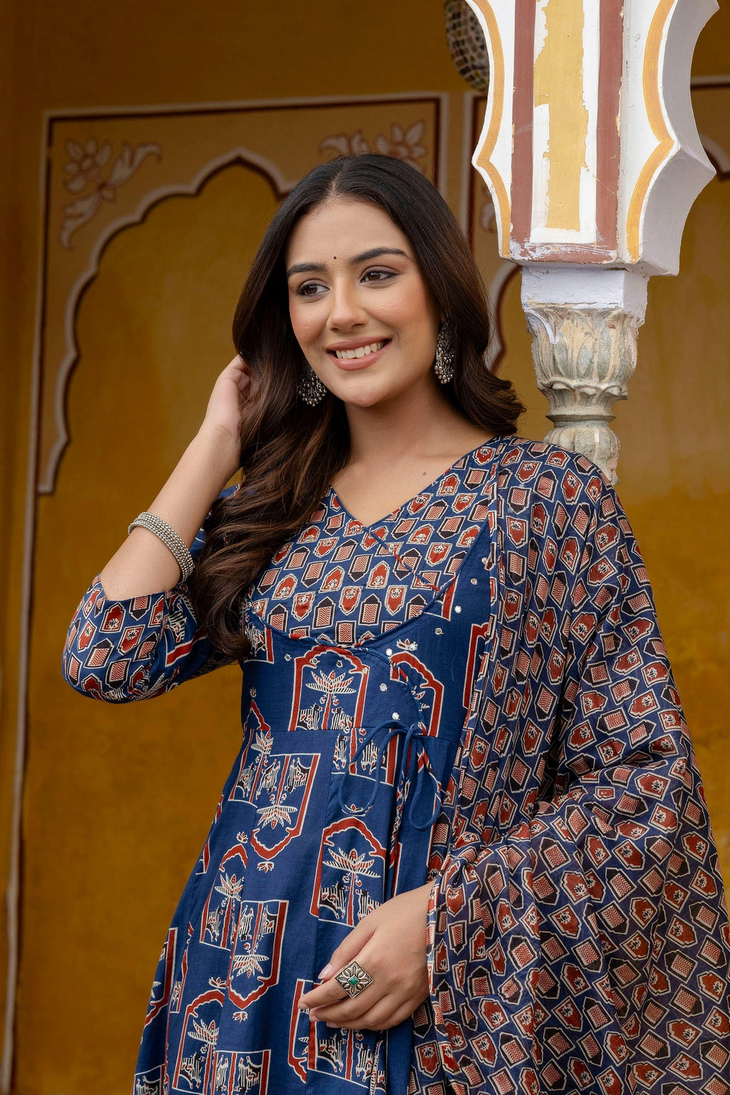 Ajrakh-Inspired Ethnic Handblock Printed Angarkha Style Kurta With Pant & Printed Dupatta, Blue - Hiral Fashion | Grocsy