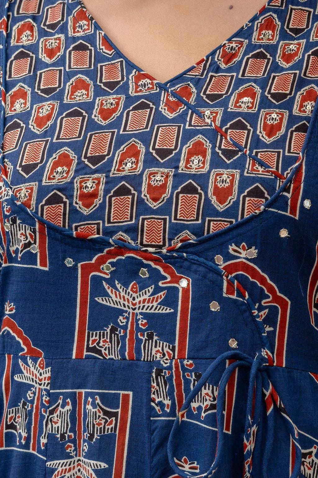 Ajrakh-Inspired Ethnic Handblock Printed Angarkha Style Kurta With Pant & Printed Dupatta, Blue - Hiral Fashion | Grocsy