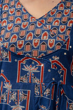Ajrakh-Inspired Ethnic Handblock Printed Angarkha Style Kurta With Pant & Printed Dupatta, Blue - Hiral Fashion | Grocsy