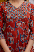 Ajrakh-Inspired Ethnic Handblock Printed Angarkha Style Kurta With Pant & Printed Dupatta, Rust - Hiral Fashion | Grocsy