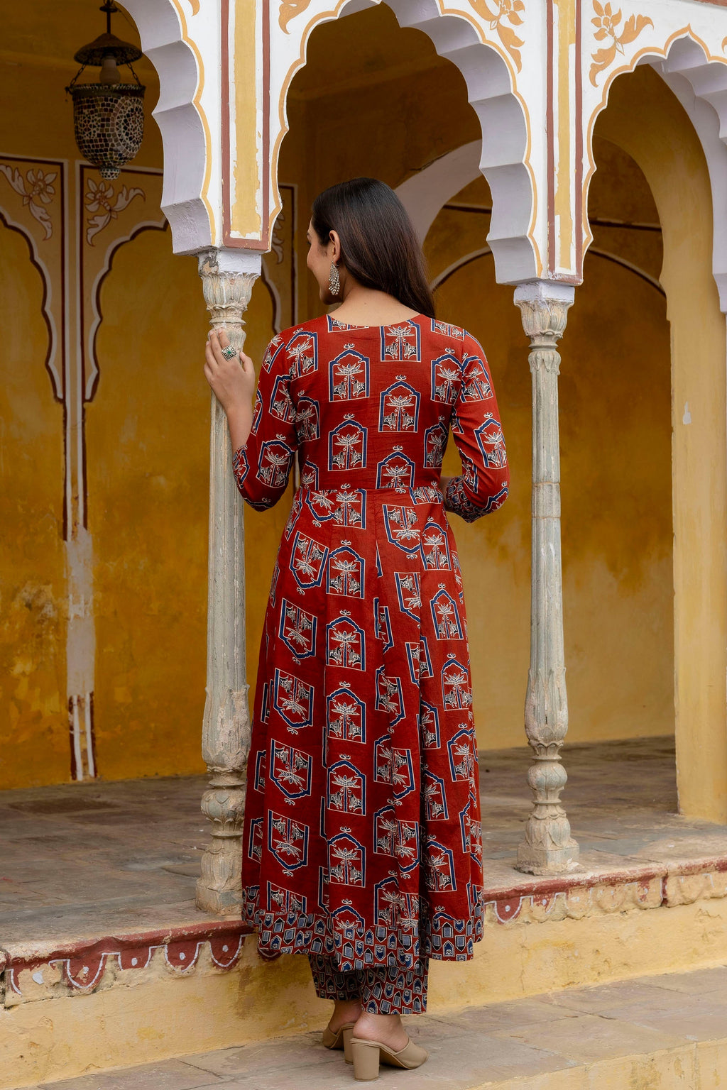 Ajrakh-Inspired Ethnic Handblock Printed Angarkha Style Kurta With Pant & Printed Dupatta, Rust - Hiral Fashion | Grocsy