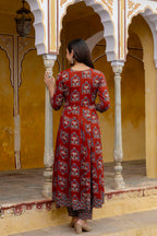 Ajrakh-Inspired Ethnic Handblock Printed Angarkha Style Kurta With Pant & Printed Dupatta, Rust - Hiral Fashion | Grocsy