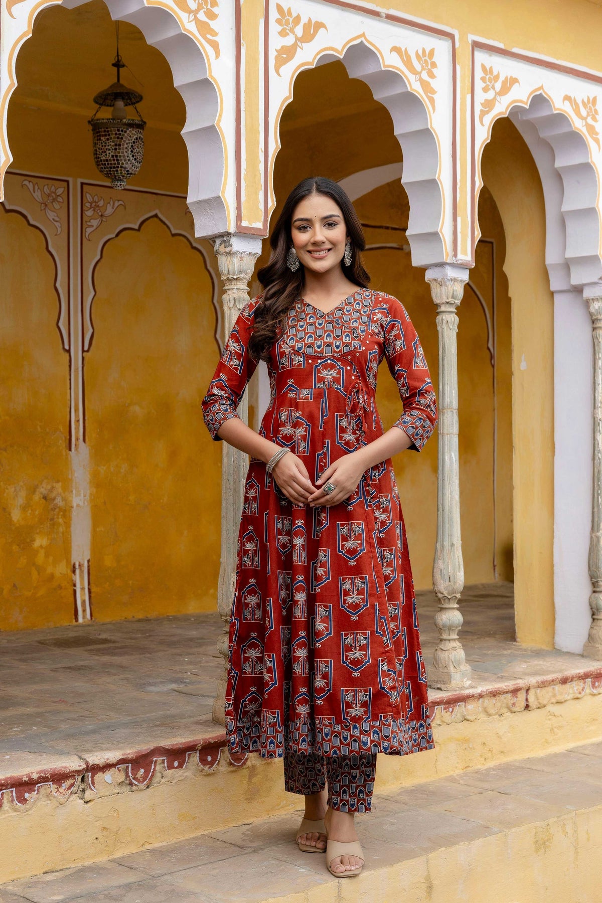 Ajrakh-Inspired Ethnic Handblock Printed Angarkha Style Kurta With Pant & Printed Dupatta, Rust - Hiral Fashion | Grocsy