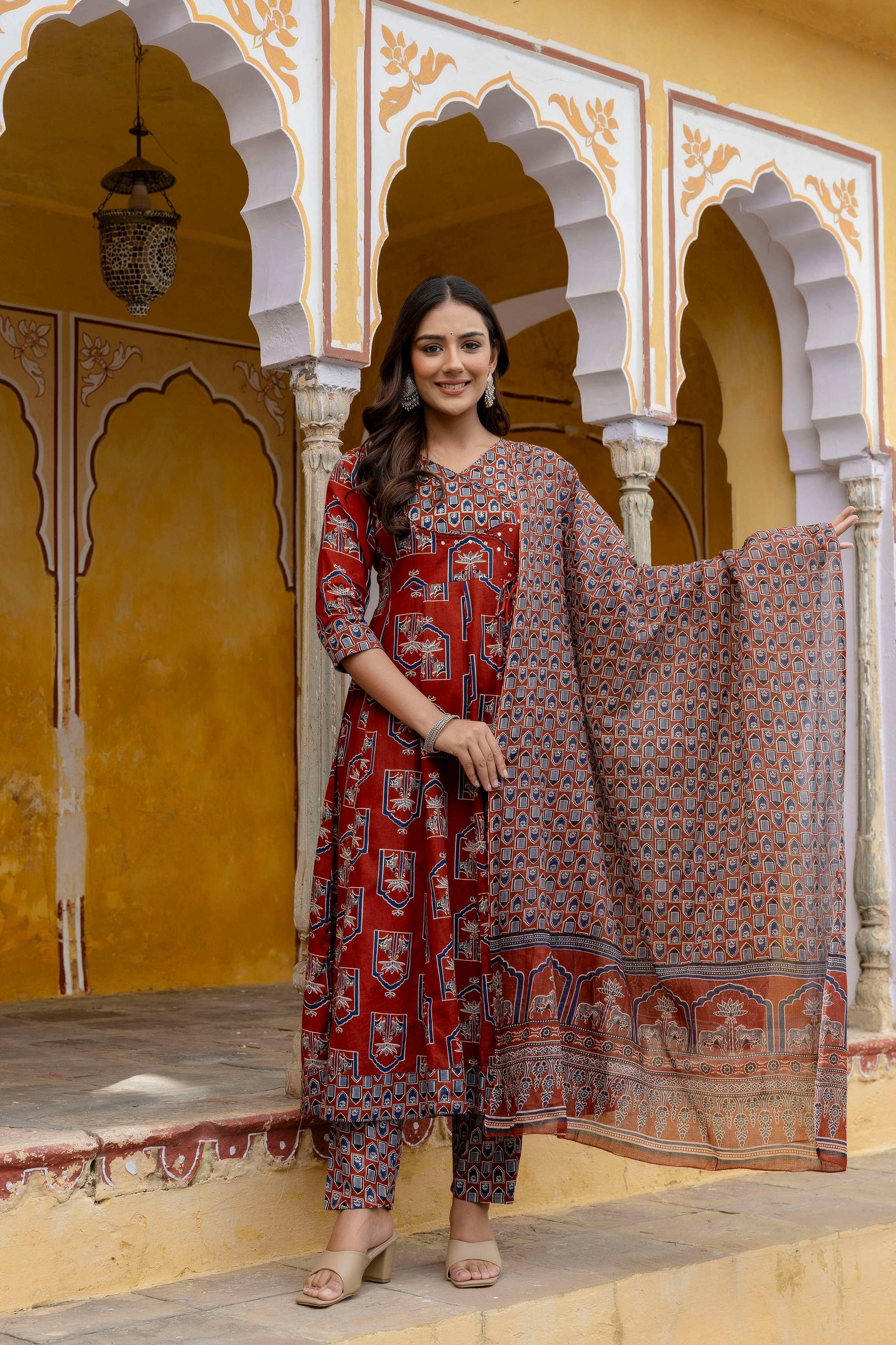 Ajrakh-Inspired Ethnic Handblock Printed Angarkha Style Kurta With Pant & Printed Dupatta, Rust - Hiral Fashion | Grocsy
