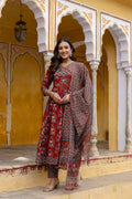 Ajrakh-Inspired Ethnic Handblock Printed Angarkha Style Kurta With Pant & Printed Dupatta, Rust - Hiral Fashion | Grocsy