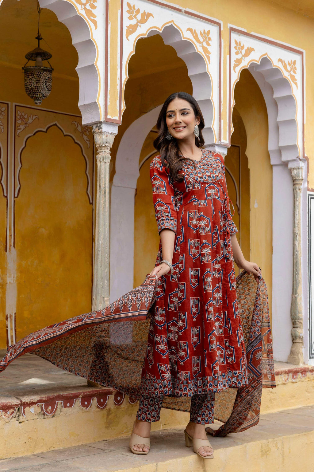 Ajrakh-Inspired Ethnic Handblock Printed Angarkha Style Kurta With Pant & Printed Dupatta, Rust - Hiral Fashion | Grocsy