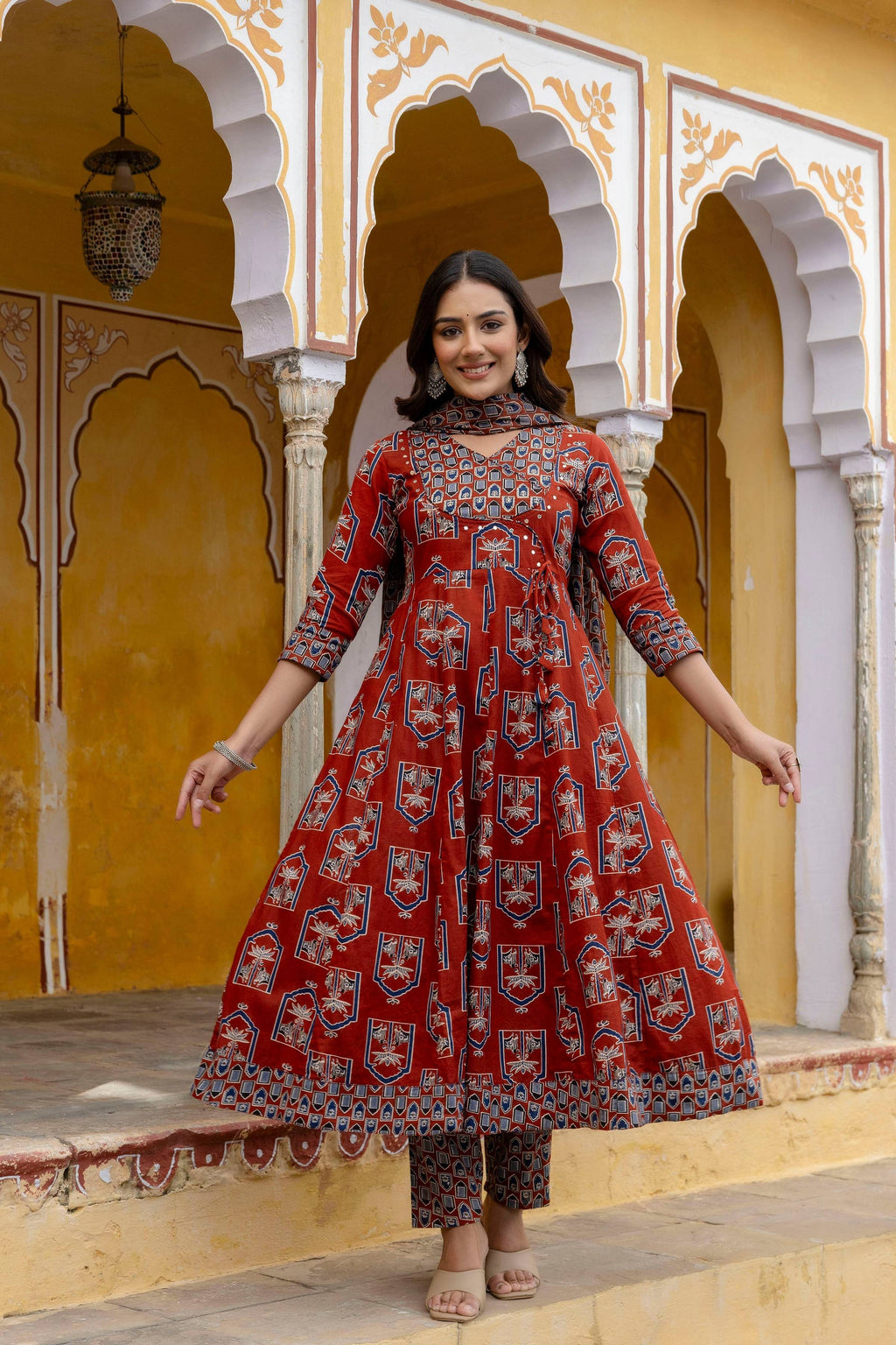 Ajrakh-Inspired Ethnic Handblock Printed Angarkha Style Kurta With Pant & Printed Dupatta, Rust - Hiral Fashion | Grocsy