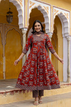 Ajrakh-Inspired Ethnic Handblock Printed Angarkha Style Kurta With Pant & Printed Dupatta, Rust - Hiral Fashion | Grocsy