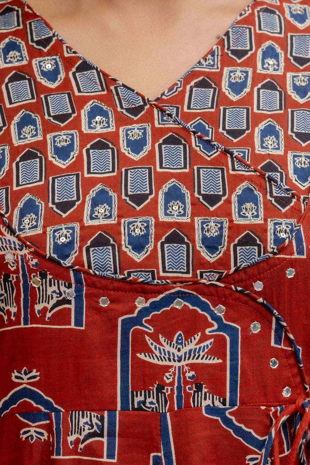 Ajrakh-Inspired Ethnic Handblock Printed Angarkha Style Kurta With Pant & Printed Dupatta, Rust - Hiral Fashion | Grocsy