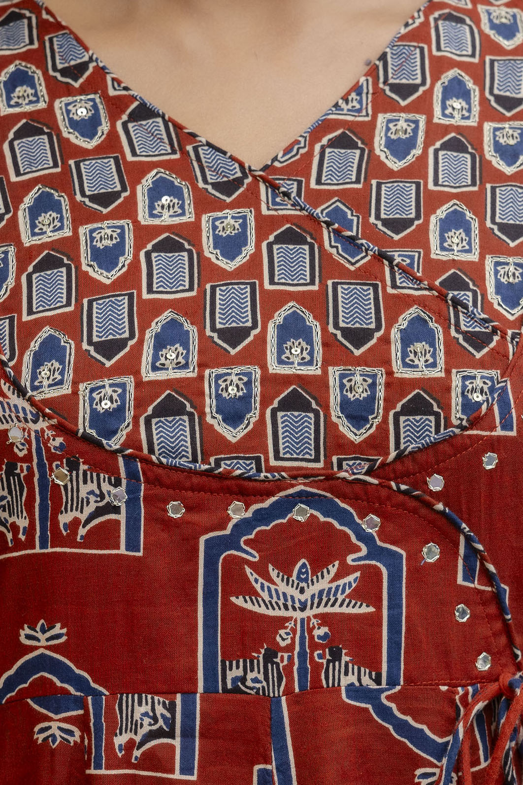Ajrakh-Inspired Ethnic Handblock Printed Angarkha Style Kurta With Pant & Printed Dupatta, Rust - Hiral Fashion | Grocsy