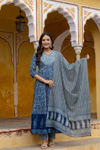 Embroidered Anarkali Kurta With Pant & Printed Dupatta, Blue - Hiral Fashion | Grocsy