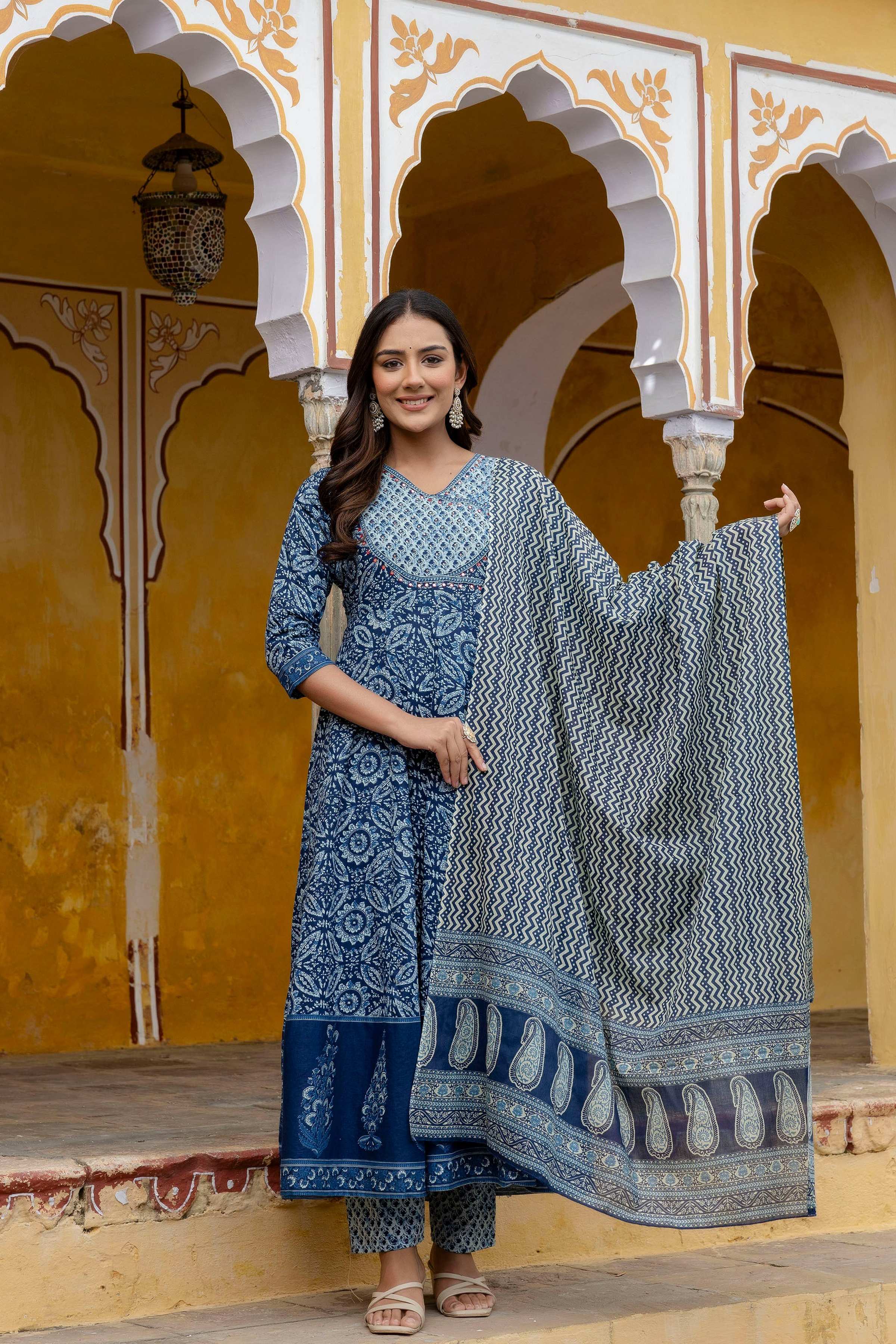 Embroidered Anarkali Kurta With Pant & Printed Dupatta, Blue - Hiral Fashion | Grocsy