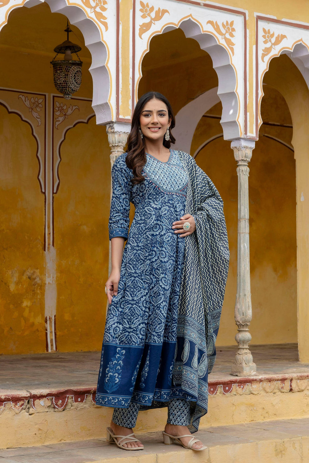 Embroidered Anarkali Kurta With Pant & Printed Dupatta, Blue - Hiral Fashion | Grocsy