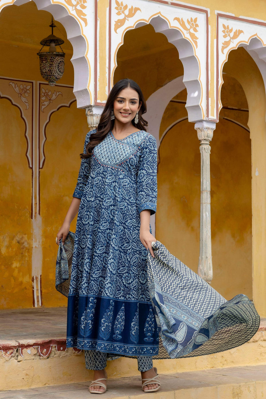 Embroidered Anarkali Kurta With Pant & Printed Dupatta, Blue - Hiral Fashion | Grocsy