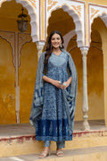 Embroidered Anarkali Kurta With Pant & Printed Dupatta, Blue - Hiral Fashion | Grocsy