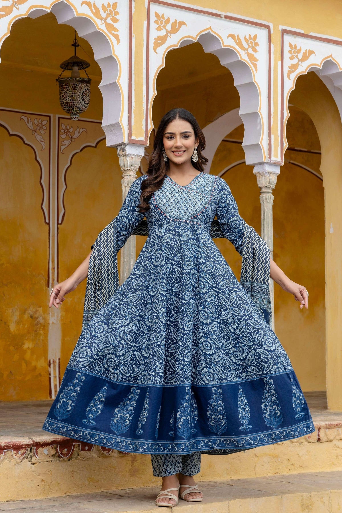 Embroidered Anarkali Kurta With Pant & Printed Dupatta, Blue - Hiral Fashion | Grocsy