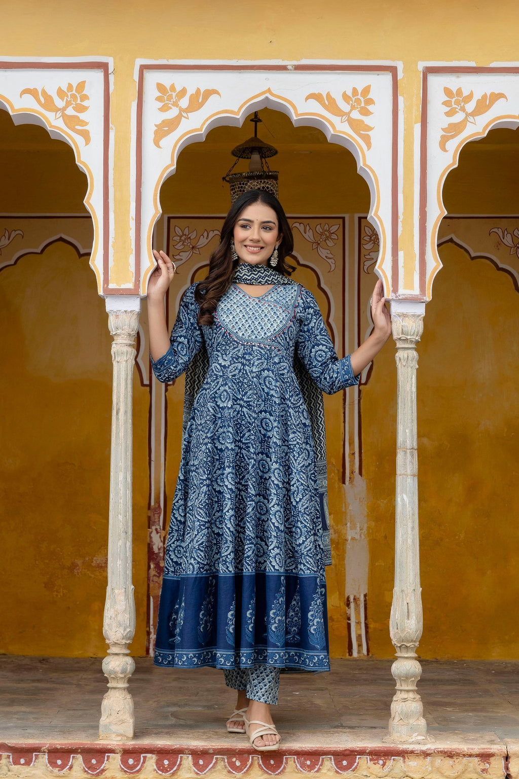 Embroidered Anarkali Kurta With Pant & Printed Dupatta, Blue - Hiral Fashion | Grocsy