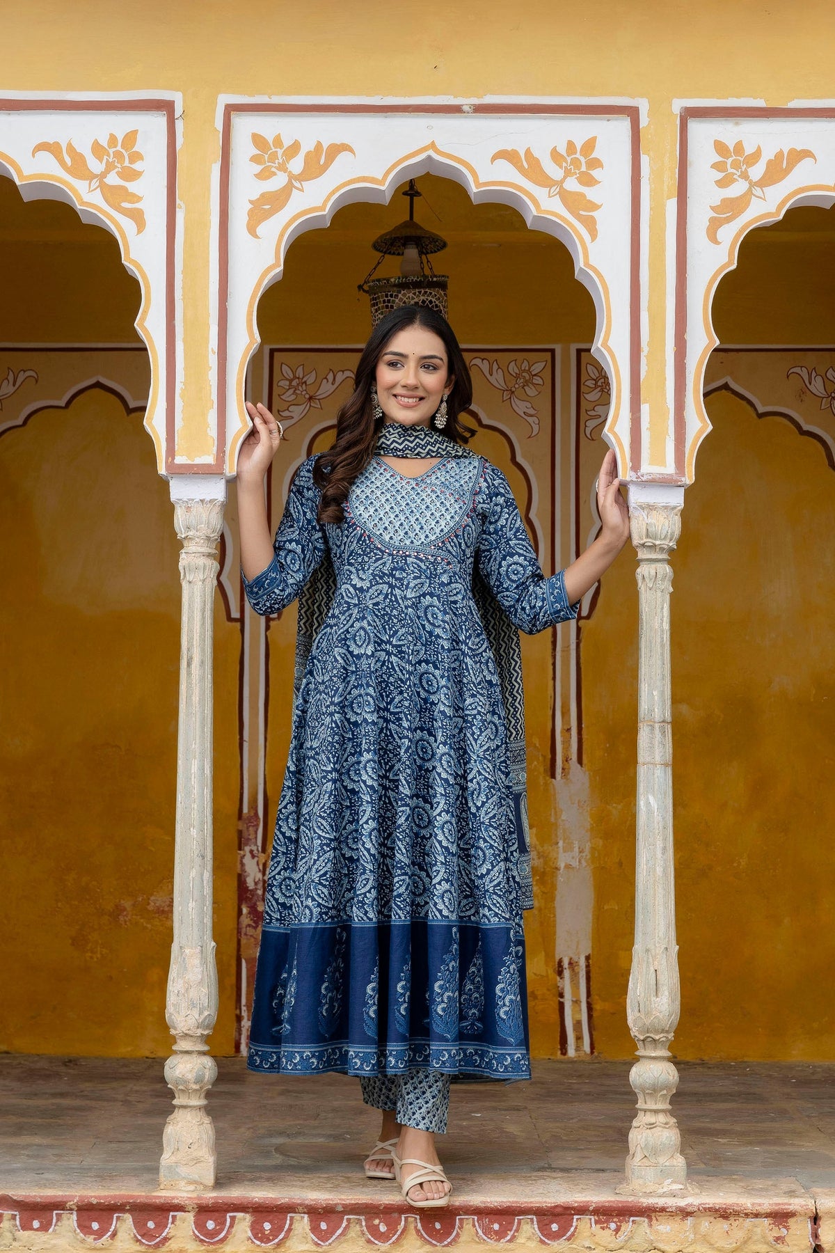 Embroidered Anarkali Kurta With Pant & Printed Dupatta, Blue - Hiral Fashion | Grocsy