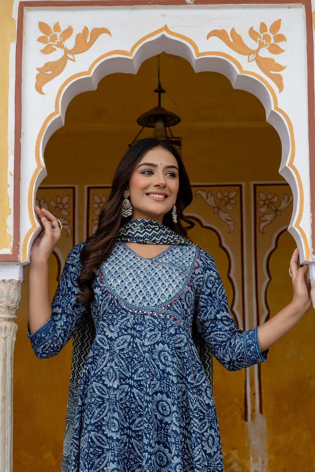 Embroidered Anarkali Kurta With Pant & Printed Dupatta, Blue - Hiral Fashion | Grocsy