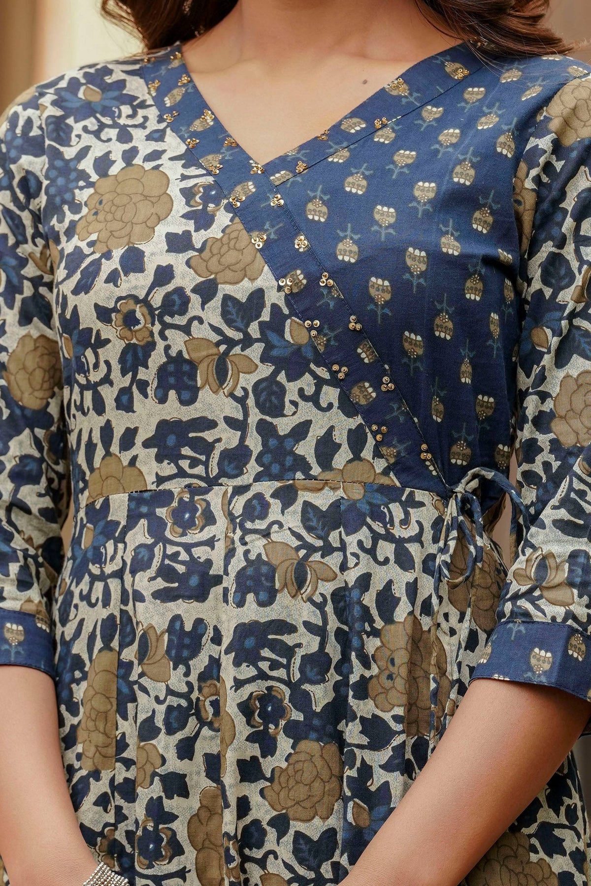 Embroidered & Floral Printed Angarkha Style Kurta With Matching Pant & Dupatta, Blue - Hiral Fashion | Grocsy