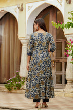 Embroidered & Floral Printed Angarkha Style Kurta With Matching Pant & Dupatta, Blue - Hiral Fashion | Grocsy