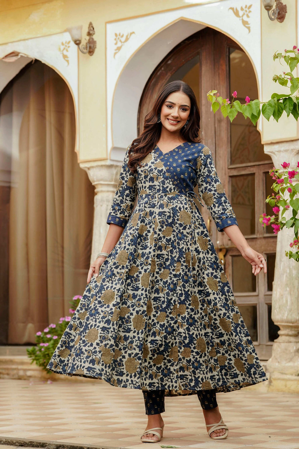 Embroidered & Floral Printed Angarkha Style Kurta With Matching Pant & Dupatta, Blue - Hiral Fashion | Grocsy