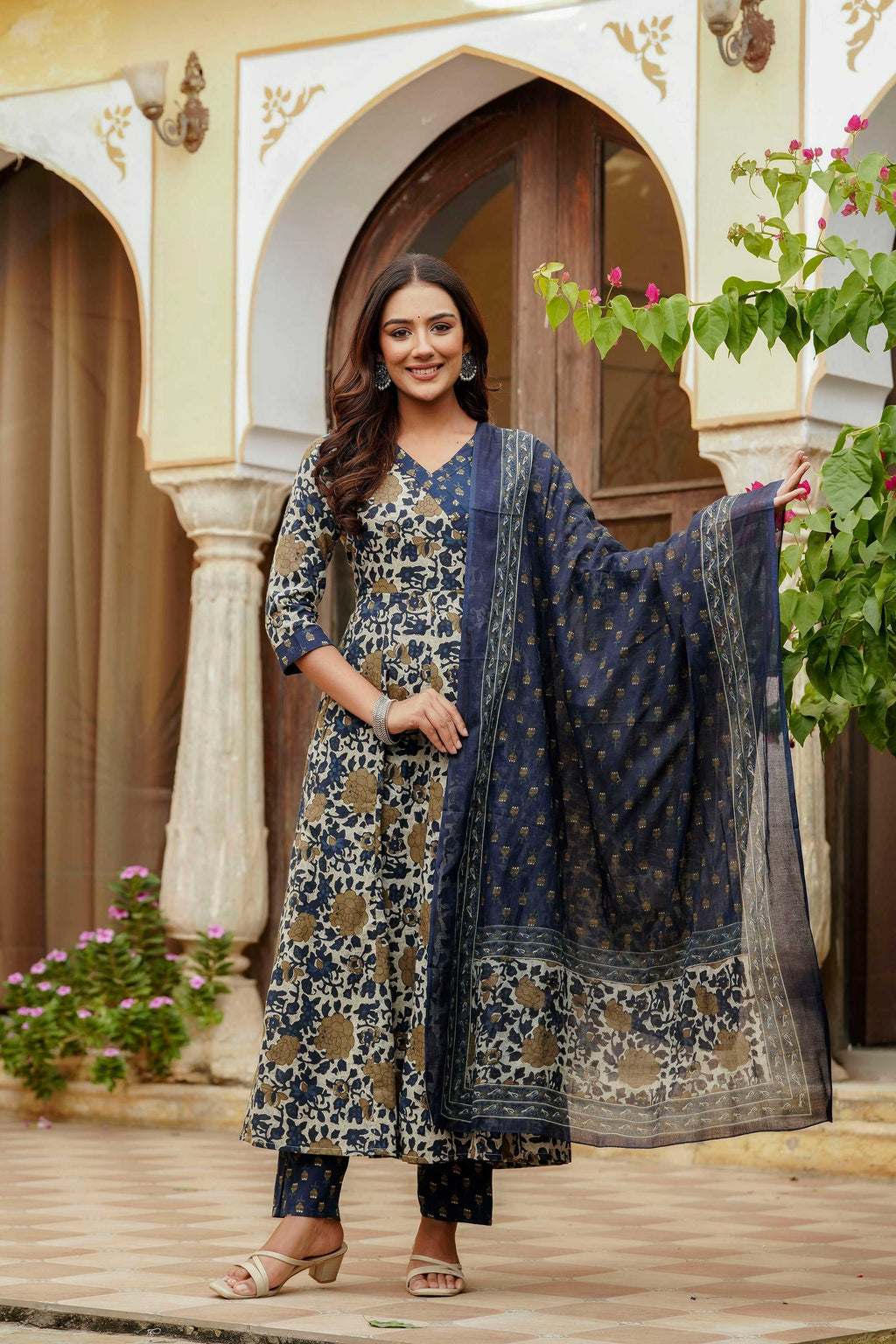 Embroidered & Floral Printed Angarkha Style Kurta With Matching Pant & Dupatta, Blue - Hiral Fashion | Grocsy