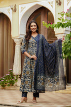 Embroidered & Floral Printed Angarkha Style Kurta With Matching Pant & Dupatta, Blue - Hiral Fashion | Grocsy