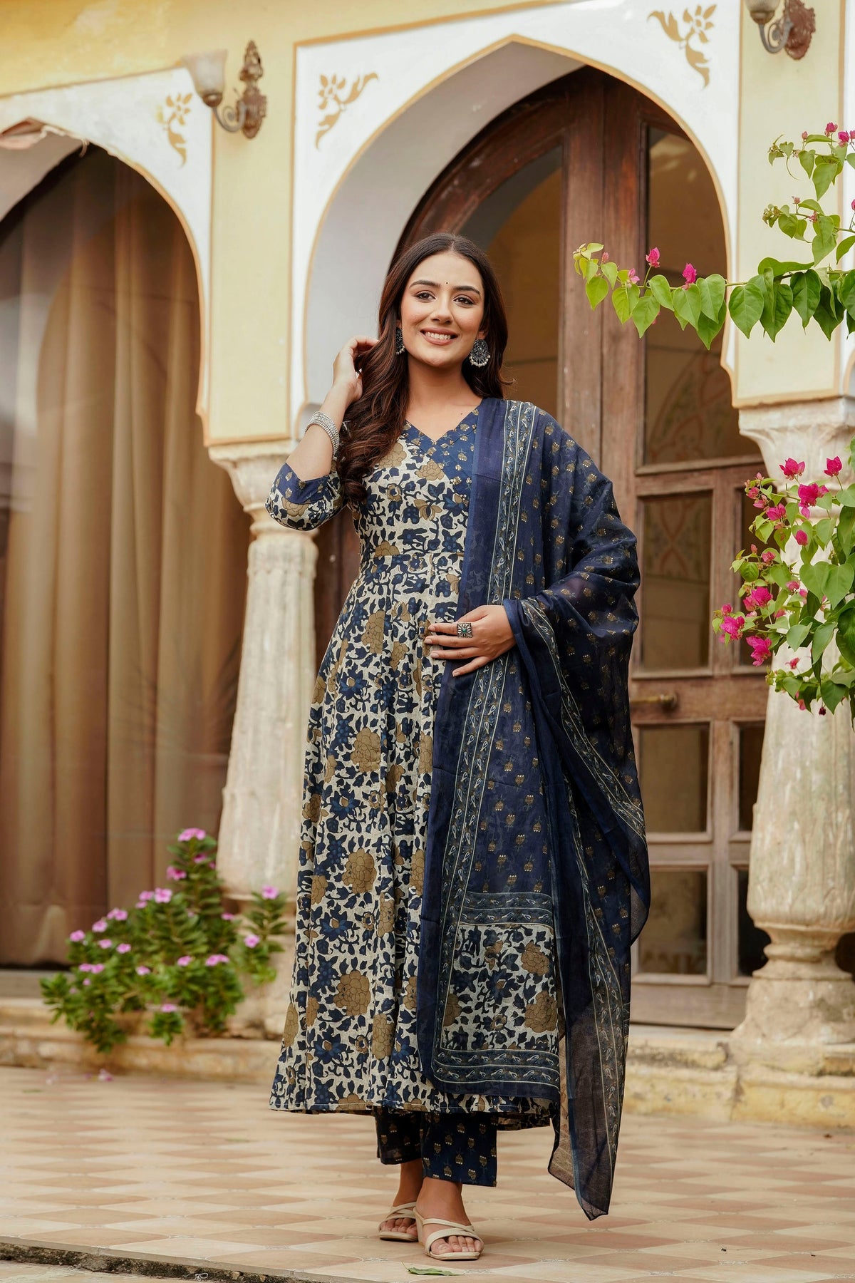 Embroidered & Floral Printed Angarkha Style Kurta With Matching Pant & Dupatta, Blue - Hiral Fashion | Grocsy