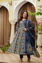 Embroidered & Floral Printed Angarkha Style Kurta With Matching Pant & Dupatta, Blue - Hiral Fashion | Grocsy